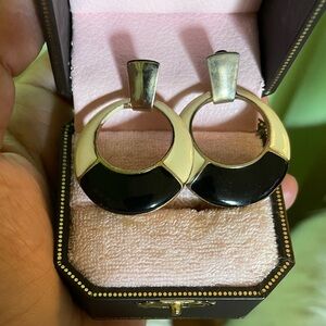 Cream and black enamel metal hoop earrings